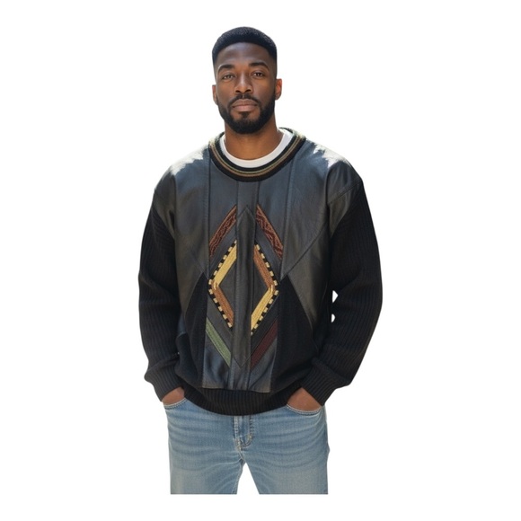 VTG 90s Saxony Leather Knit Sweater HipHop Coogi Style multicolor Texturized SzL - Picture 1 of 6